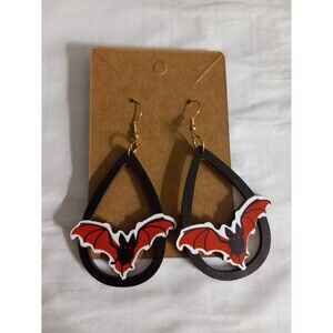 Halloween Dangle Earrings Bats Wooden 3 Inch Drop x 1.75 Inches Wide